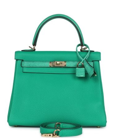 Hermes Kelly Retourne 25 Menthe Togo and Varanus Niloticus Lizard Touch Permabrass