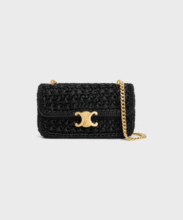 CHAIN SHOULDER BAG CLAUDE IN RAFFIA EFFECT TEXTILE BLACK