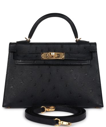 Hermes Kelly Sellier 20 Black Ostrich Gold Hardware
