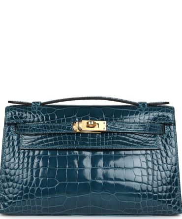 Hermes Kelly Pochette Vert Bosphore Shiny Alligator Gold Hardware