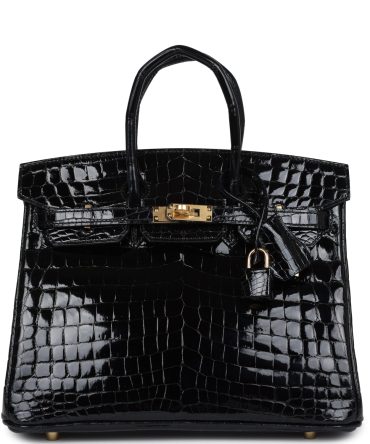 Hermes Birkin 25 Black Shiny Niloticus Crocodile Gold Hardware