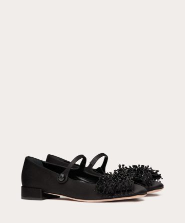 VALENTINO GARAVANI BOWJANE MARY-JANE SATIN BALLERINA WITH FRINGED EMBROIDERY 20MM