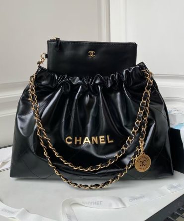 Chanel 22 Hobo Bag 24C AS4486 Gold Metallic Black Shiny Calfskin New Edition Horizontal