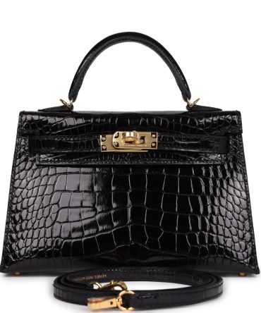 Hermes Kelly Sellier 20 Black Shiny Alligator Gold Hardware
