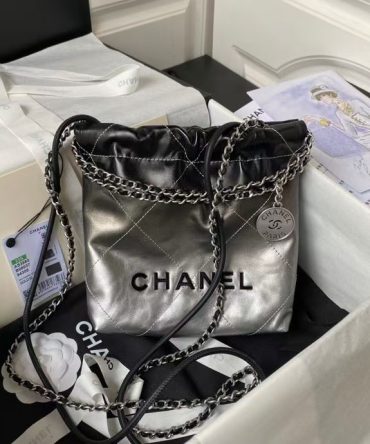 Chanel 22 AS3980 Mini Tote Shiny Calfskin & Silver Metal Silver Black