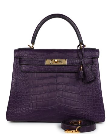 Hermes Kelly Retourne 28 Amethyst Matte Alligator Gold Hardware