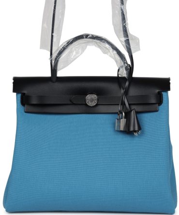 Hermes Herbag Zip PM 31 Blue Jean Toile H and Black Vache Hunter Palladium Hardware