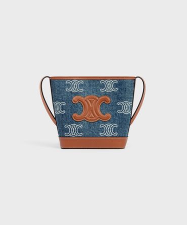 MINI BUCKET CUIR TRIOMPHE IN DENIM WITH TRIOMPHE ALL-OVER EMBROIDERY AND CALFSKIN