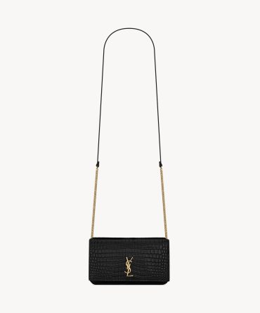 YSL Cassandre Phone Holder in Shiny Crocodile-Embossed Leather