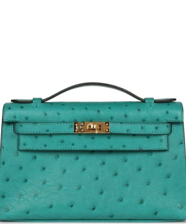 Hermes Kelly Pochette Vert Verone Ostrich Gold Hardware