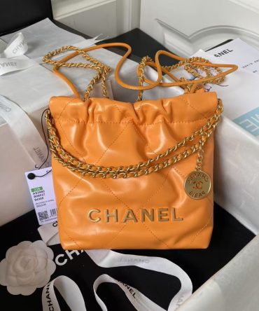 Chanel 22 AS3980 Mini Tote Shiny Calfskin & Gold-Tone Metal Orange