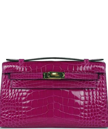 Hermes Kelly Pochette Rose Scheherazade Shiny Alligator Gold Hardware