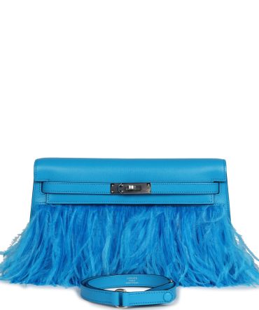 Hermes Kelly Elan Foile Bleu Frida Chevre Chamkila and Ostrich Feathers Palladium Hardware