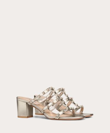 ROCKSTUD METALLIC CALFSKIN LEATHER SLIDE SANDAL 60 MM