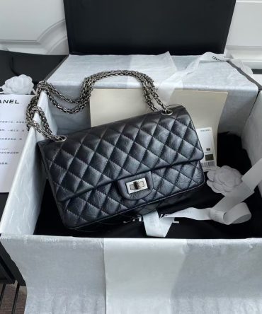 Chanel 23A Classic Medium 2.55 Flap Bag Black Distressed Calfskin Ruthenium Hardware