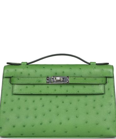 Hermes Kelly Pochette Vert Yucca Ostrich Palladium Hardware