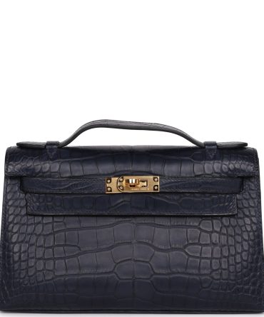 Hermes Kelly Pochette Bleu Indigo Matte Alligator Gold Hardware