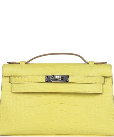 Hermes Kelly Pochette Lime Matte Alligator Palladium Hardware
