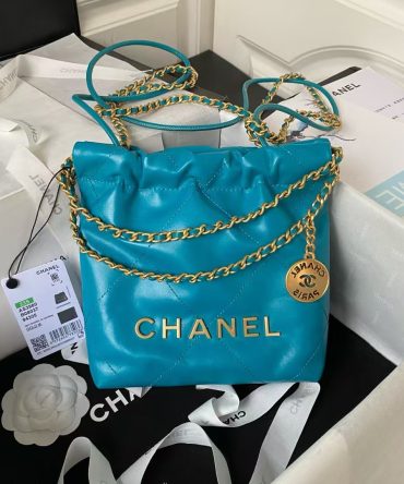 Chanel 22 AS3980 Mini Tote Shiny Calfskin & Gold-Tone Metal Lake Blue